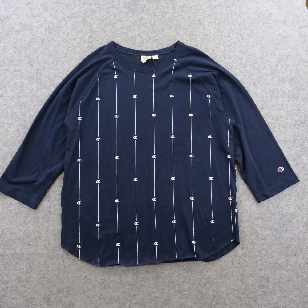 Champion Shirt Mens 2XL Blue All Over Logo Pinstripe 3/4 Sleeve Raglan